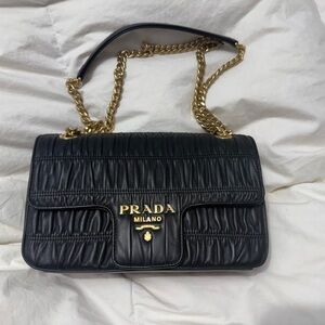 Prada Quilted Black Leather Shoulder Bag with Gold Chain